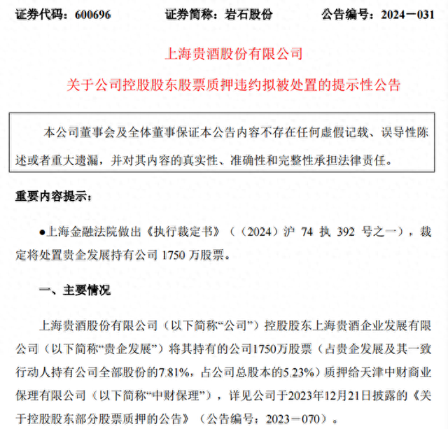 上海贵酒因质押违约 持有的5.23%岩石股份股权将被变价处置